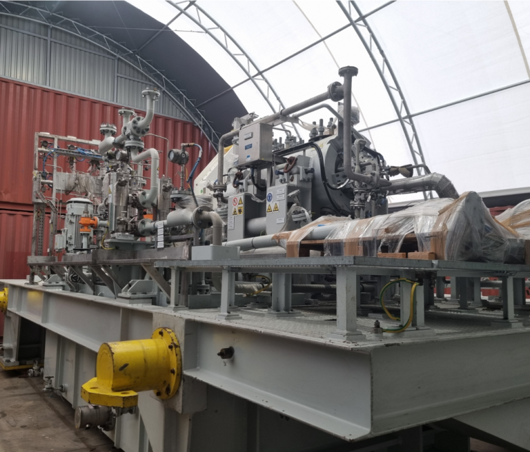 Multi-stage centrifugal process compressor package with lube oil system and motor drive. Technical FAT reports available for 2026 circular procurement compliance.